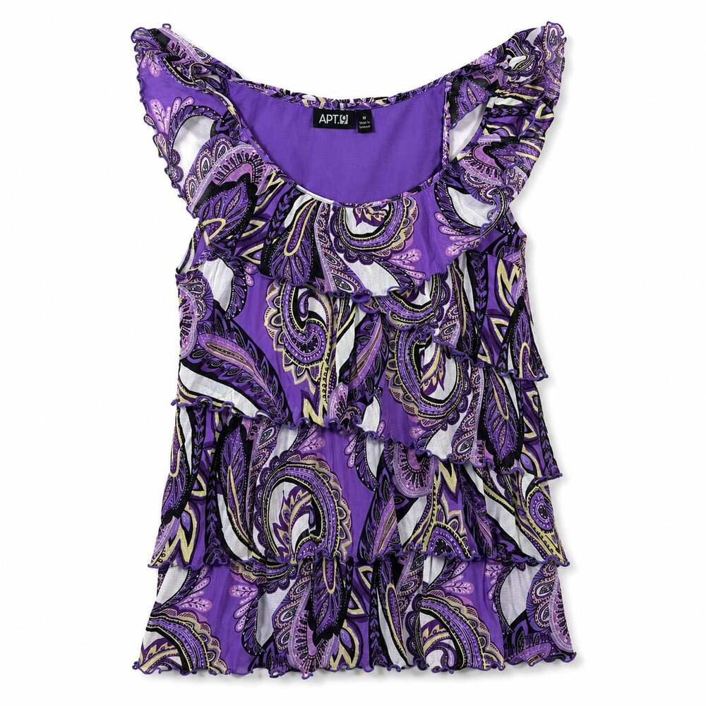 Vintage Y2K Apt. 9 Women's Paisley Print Mesh Ruffled Cap Sleeve Tank Top